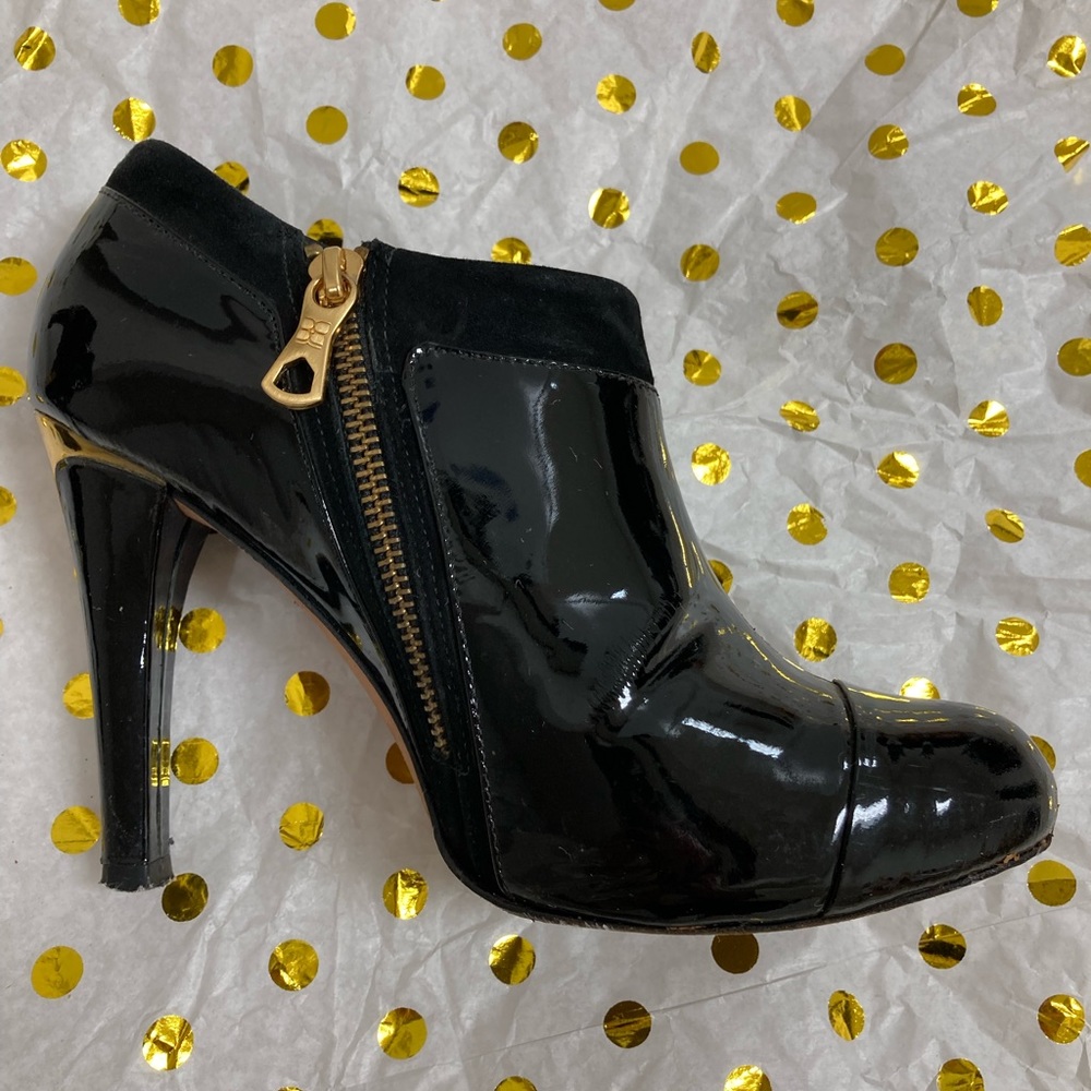 BCBG Black Patent Ankle Booties with Gold Zipper